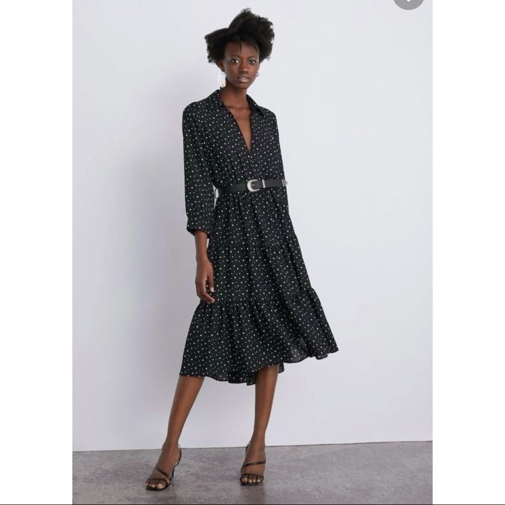 Zara Polka Dot Tiered Dress in Black with white, size S - Picture 4 of 12
